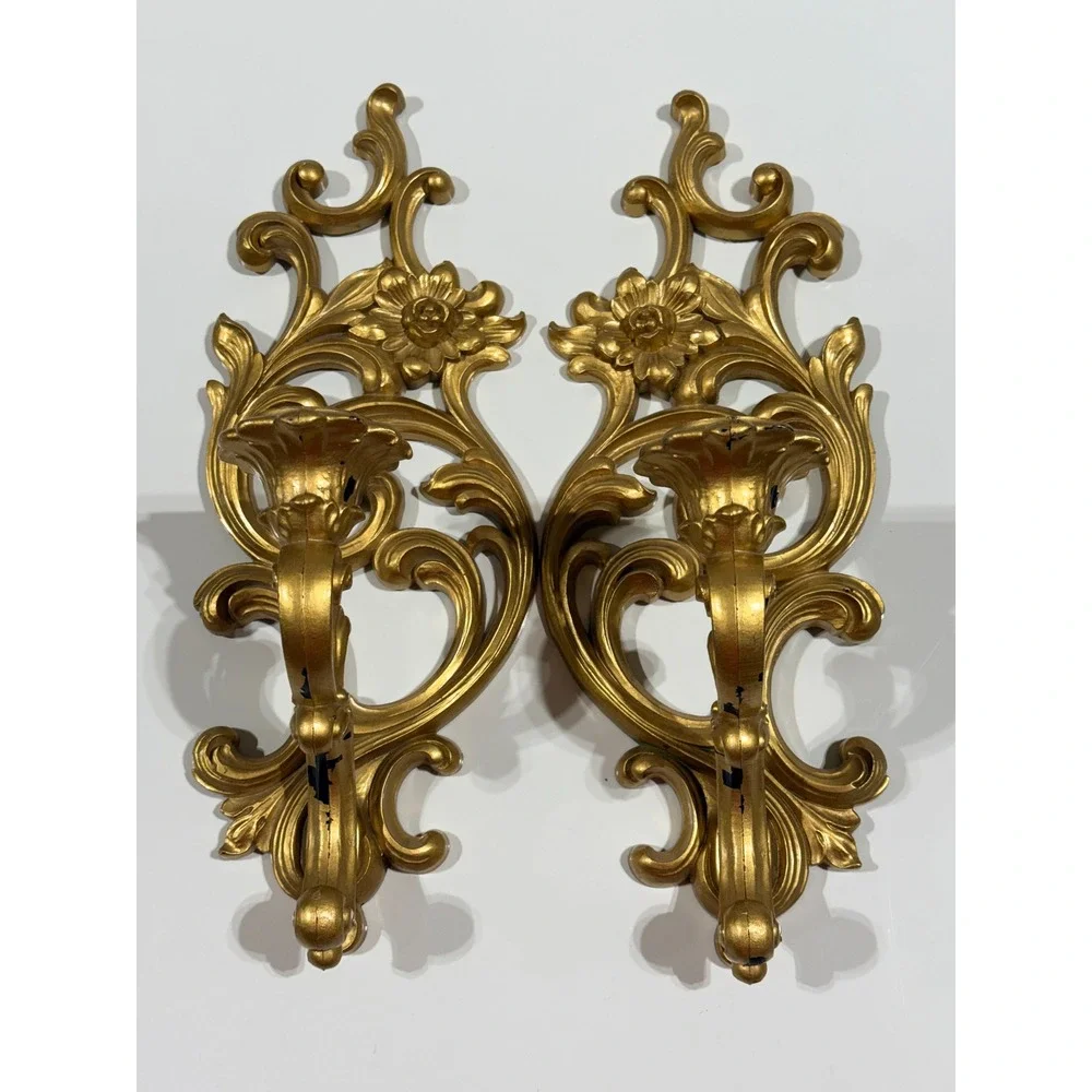 SYROCO VTG 1965 2 Gold Wall Candle Sconces 5183 Hollywood Regency Floral USA MCM